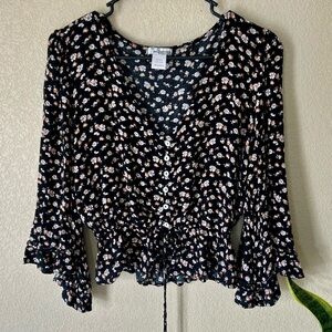 Black Floral Blouse with Bell Sleeves Size L